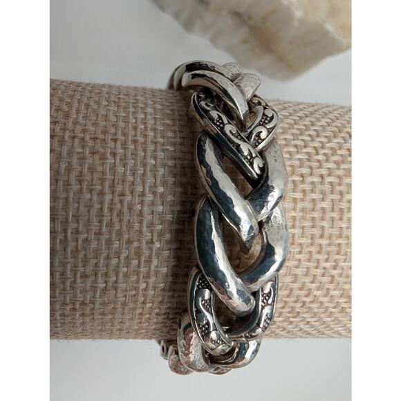 Brighton Silver Tone Interlocking Curb Chain Bracelet Hammered Engraved Box - Picture 4 of 12